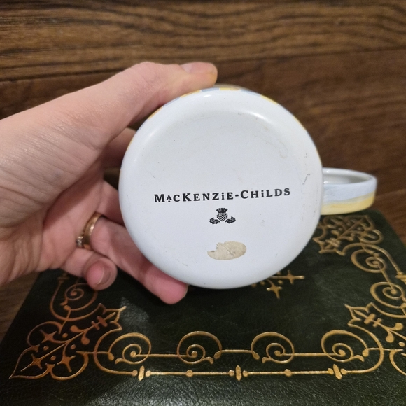 MacKenzie-Childs Blue Yellow Stripes Chess Pattern Duck Enamel Mug Retired - Picture 4 of 6